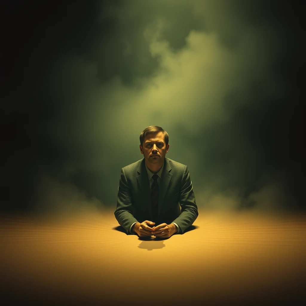 A man in a suit sits at a table with his hands clasped, illuminated by a spotlight against a dark, smoky background.