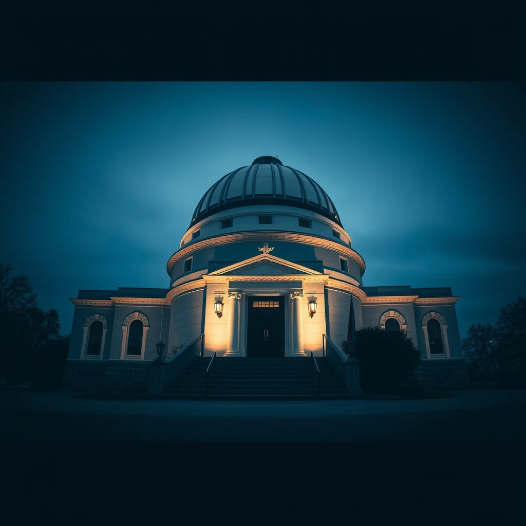 A grand, illuminated building with a dome and columns stands prominently against a dark sky, symbolizing the U.S. Naval Observatory, one of the oldest scientific agencies in the United States, founded in 1830 in Washington, D.C.