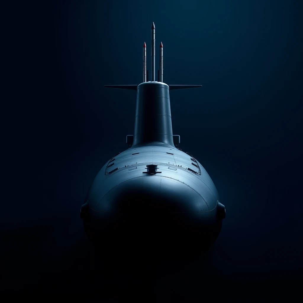A dark, sleek submarine with visible missile tubes and a streamlined hull is depicted against a deep blue background, symbolizing its role as a nuclear-powered ballistic missile submarine.