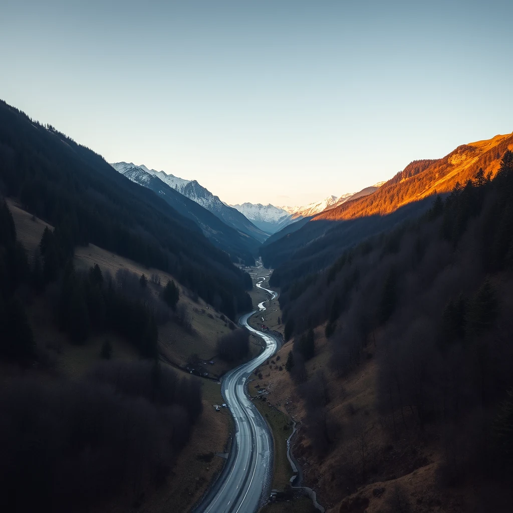 A winding road cuts through a serene valley surrounded by snow-capped mountains under a clear sky.