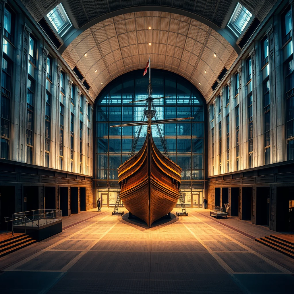 A grand hall with a large wooden ship on display, illuminated by natural light streaming through tall windows, showcasing the interior of Vasamuseet in Stockholm.