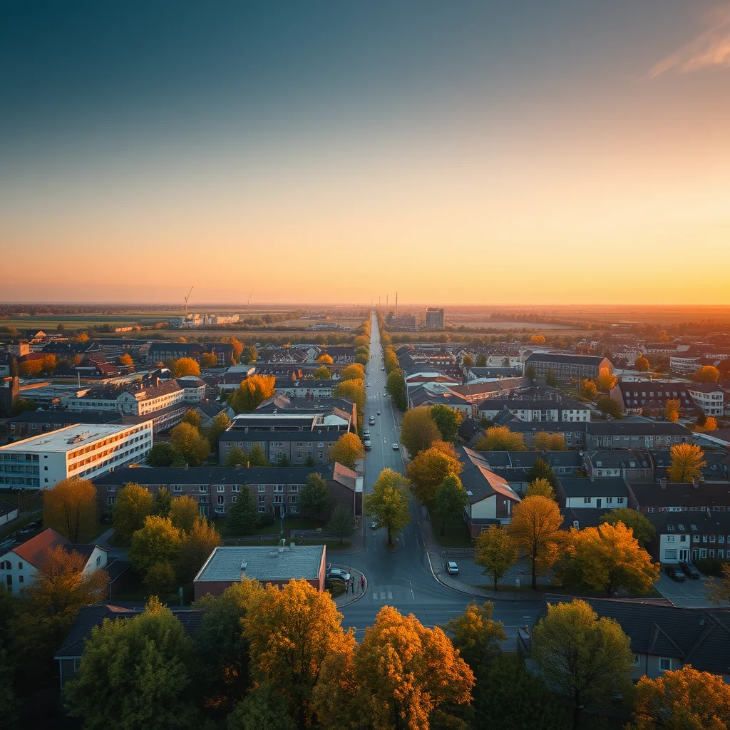Aerial view of Veldhoven at sunset, showcasing its urban landscape with residential buildings, trees lining streets, and a clear sky transitioning from blue to warm orange hues.
