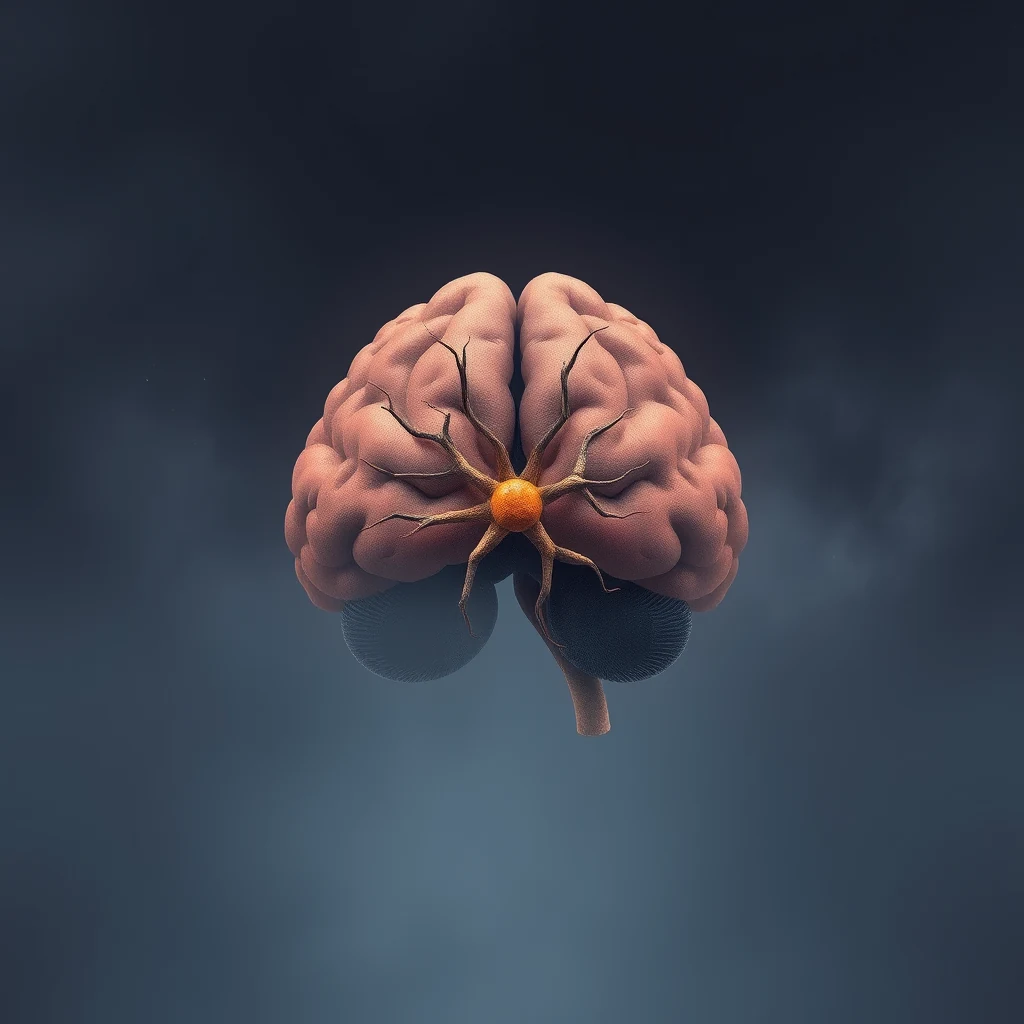 A brain with a central orange neuron resembling a spider, symbolizing the ventral tegmental area (VTA) and its role in producing dopamine.