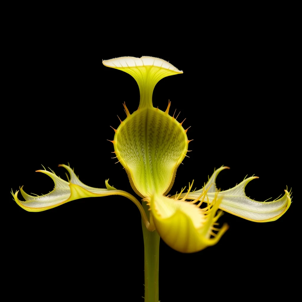 A Venus flytrap (Dionaea muscipula) displays its distinctive trap with three trigger hairs on each lobe, set against a black background.