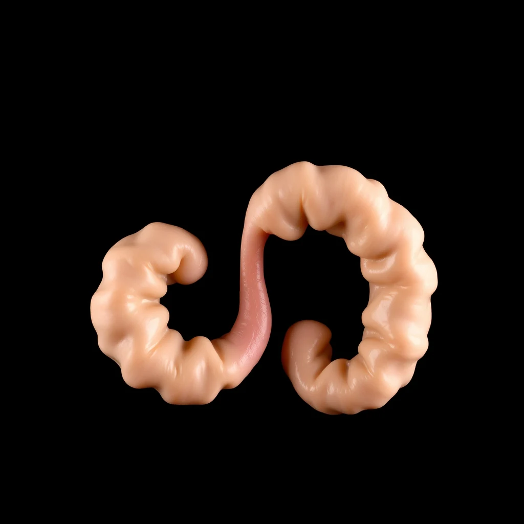A pair of beige, segmented structures resembling an appendix, with a central loop and two branching ends, set against a black background.