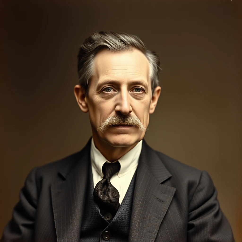 A man with gray hair and a mustache, dressed in a dark suit with a white shirt and black tie, stands against a brown background.