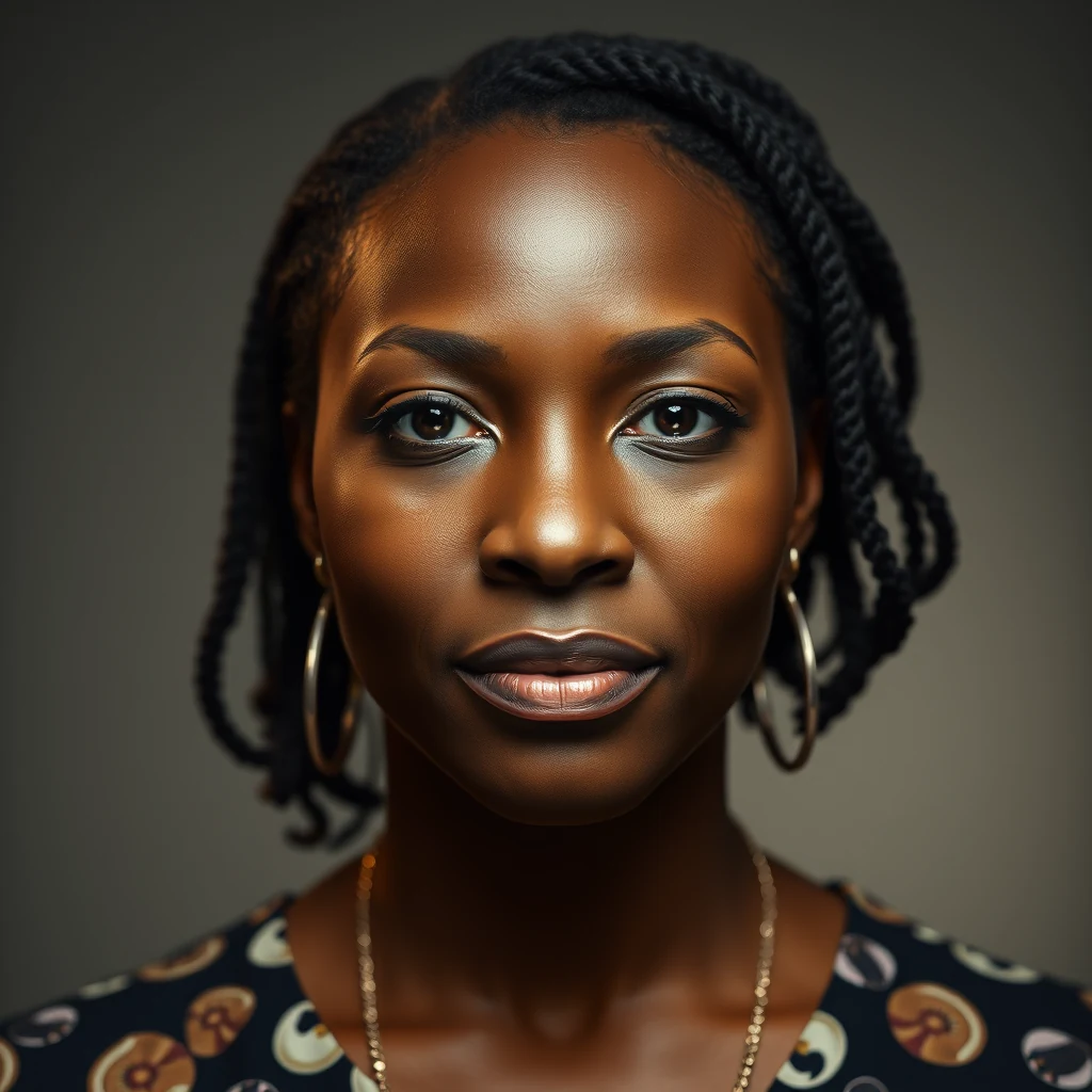 A woman with braided hair, wearing hoop earrings and a patterned top, stands against a neutral background.