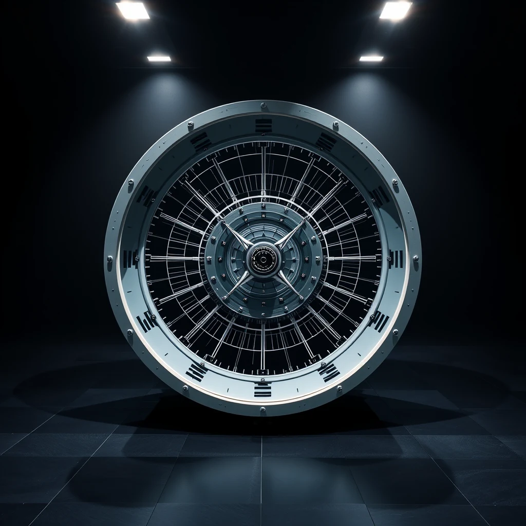 A circular, metallic structure with intricate grid patterns and evenly spaced markings is illuminated against a dark background, resembling the Virgo gravitational-wave detector.