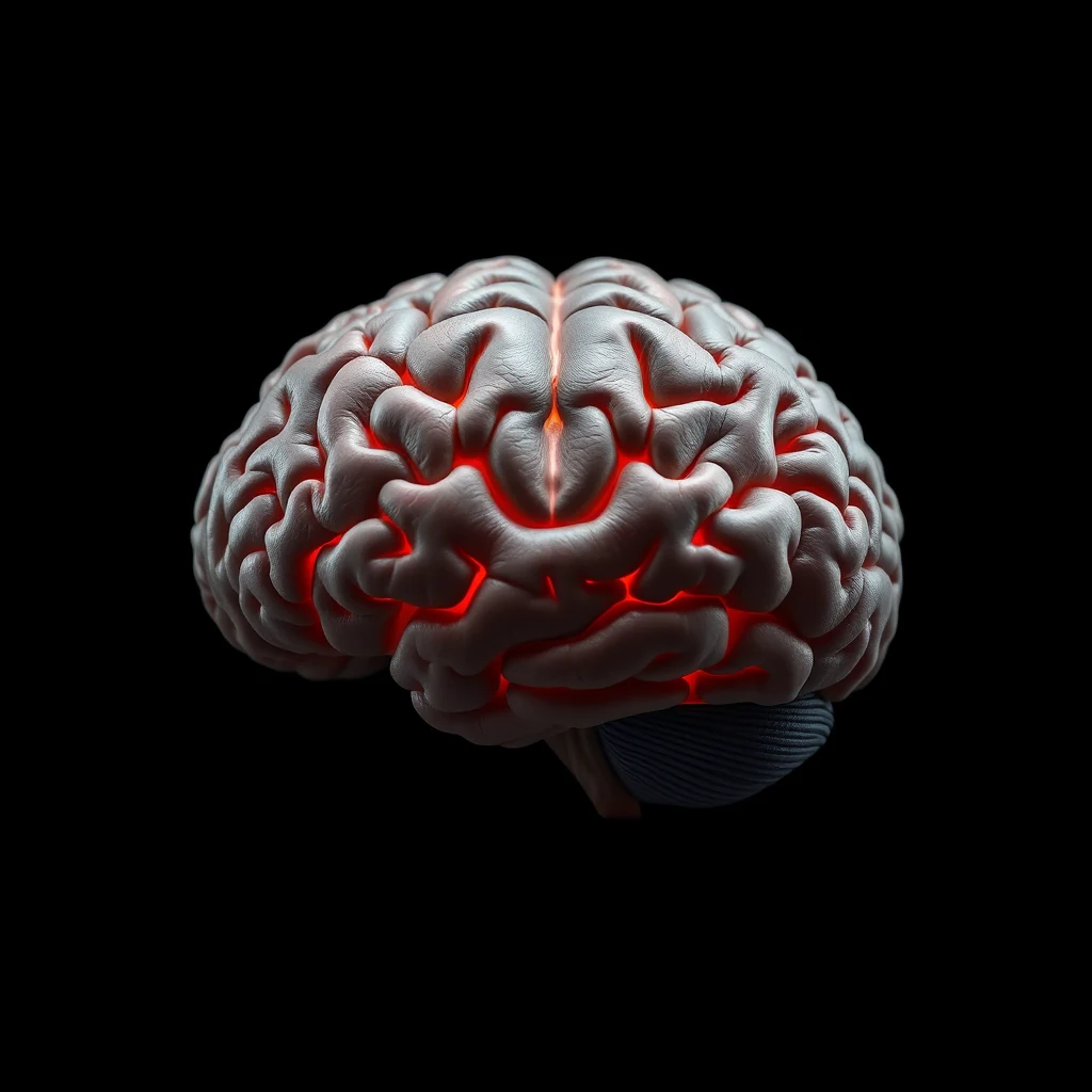 A brain model with a glowing red visual cortex, highlighting its role in processing visual information.