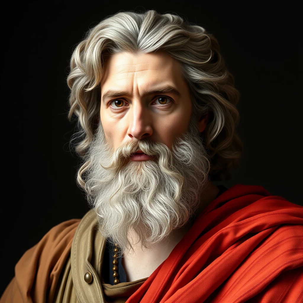 A portrait of an individual with long, wavy gray hair and a full beard, wearing a red garment over a brown tunic, symbolizing the historical figure Marcus Vitruvius Pollio, a Roman architect and military engineer from the first century BCE.