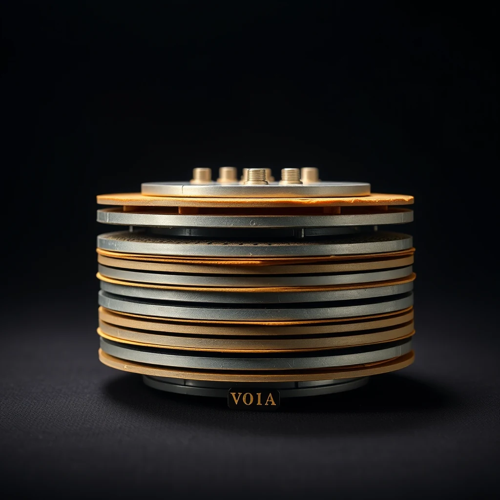 A voltaic pile, an early electrochemical battery, is depicted with alternating layers of metallic discs and cardboard separators, showcasing its historical design.