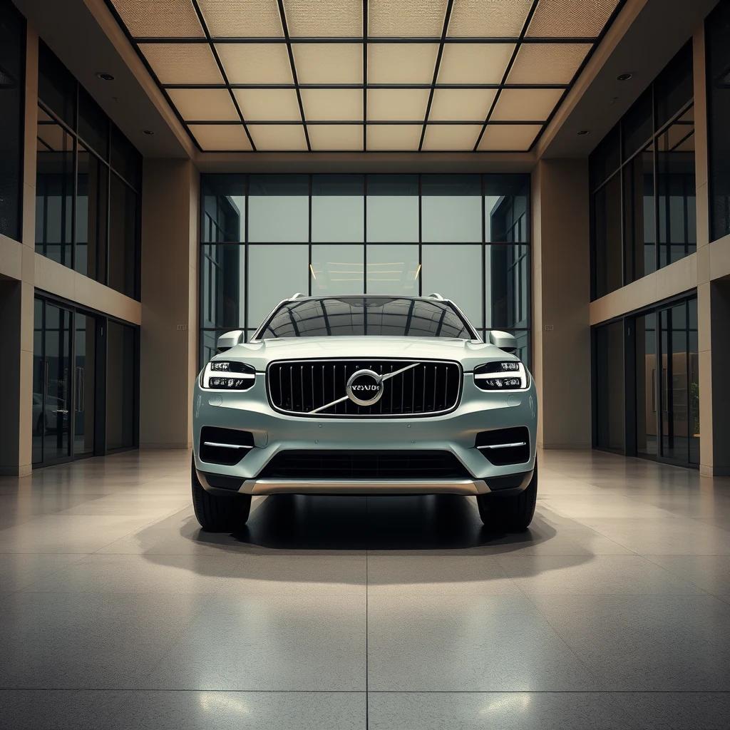 A Volvo SUV is displayed in a modern showroom with large windows and a sleek, polished floor.