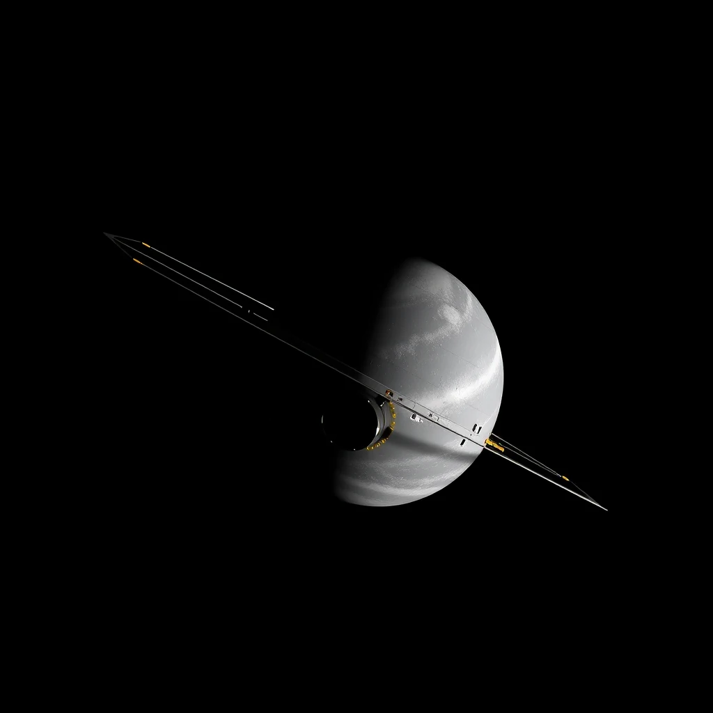 A spacecraft with long, thin appendages extends from its body, set against a dark background, resembling the Voyager 1 probe.