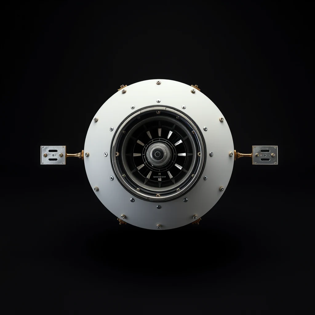 A circular device with a central hub and radiating spokes, mounted on a white base with metallic components, likely representing the Voyager 2 spacecraft's scientific instrument.