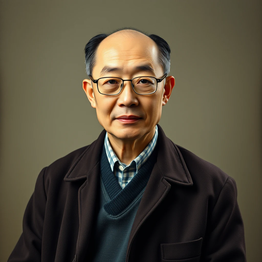 Wang Zhenduo, wearing glasses, a dark jacket over a sweater and plaid shirt, stands against a neutral background.
