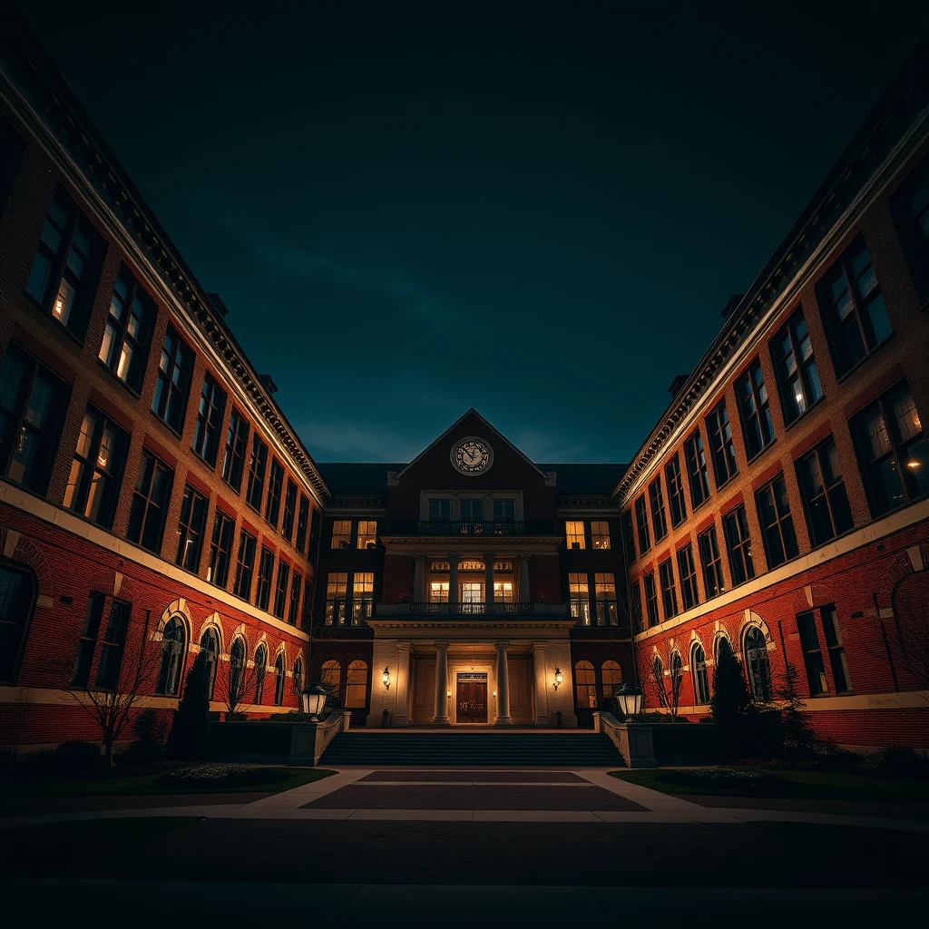 A dimly lit courtyard at night features a grand brick building with illuminated windows and a central clock tower, surrounded by symmetrical architecture.