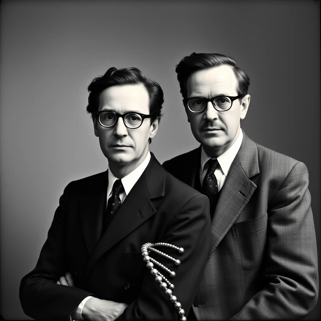 Two men in suits stand side by side, one with his arms crossed, against a neutral background, with a DNA helix model visible between them.