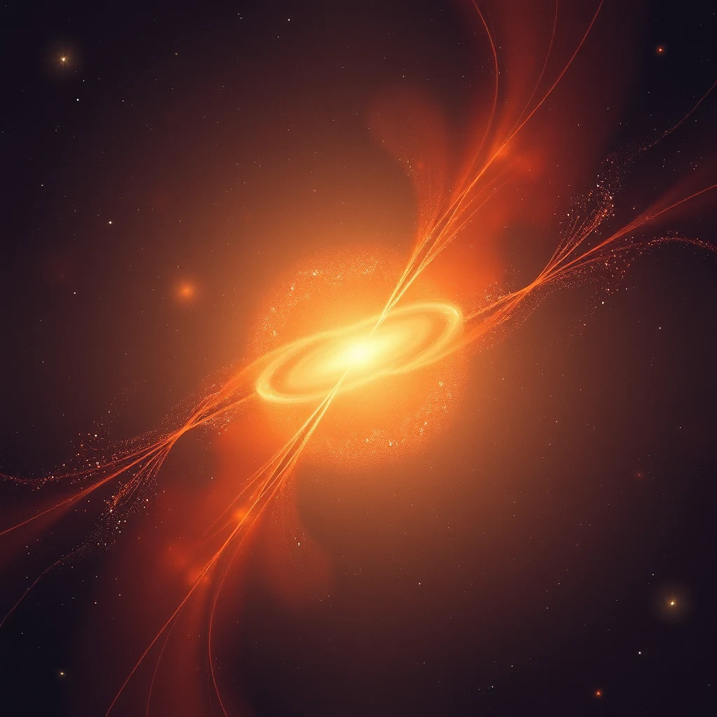 A glowing orange and yellow spiral structure with radiating filaments against a dark background, representing the warm-hot intergalactic medium.