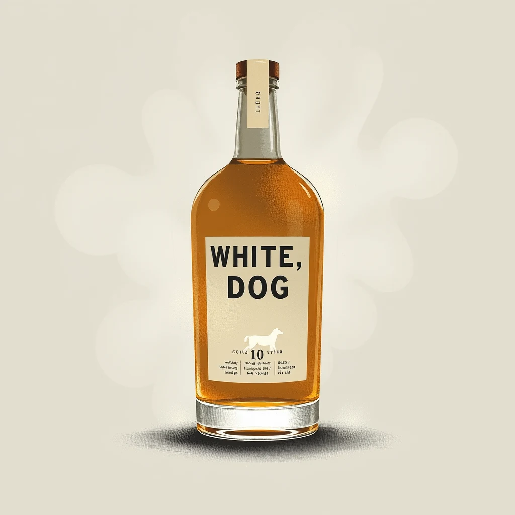 A bottle labeled "White Dog" with a tan label featuring a silhouette of a horse and the number "10" stands against a soft, blurred background.