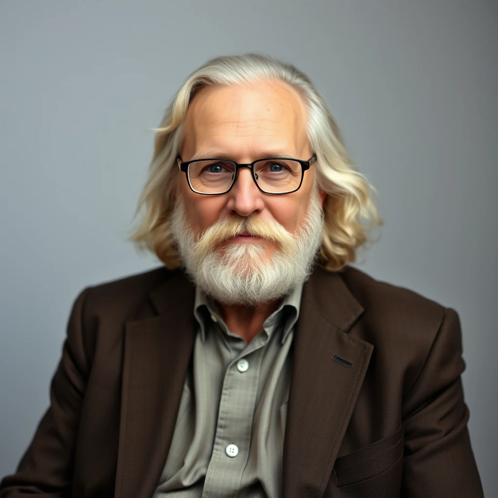 A person with long, wavy blonde hair and a white beard wearing glasses and a brown blazer over a light gray shirt.