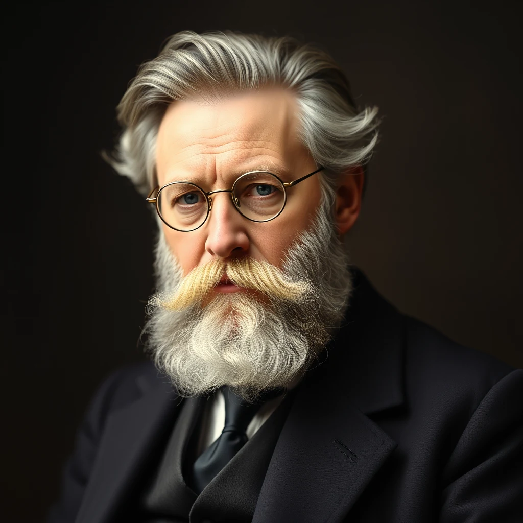 A portrait of Wilhelm Ostwald, a Baltic-German chemist with gray hair and a full beard, wearing glasses and a dark suit, set against a dark background.