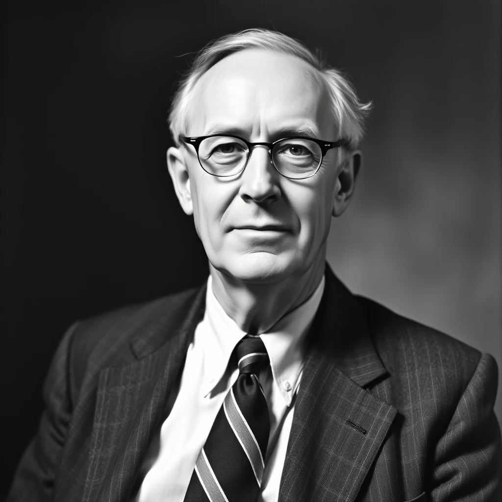 Willard Libby, an American physical chemist, is depicted wearing glasses, a suit, and tie, with a serious expression against a dark background.