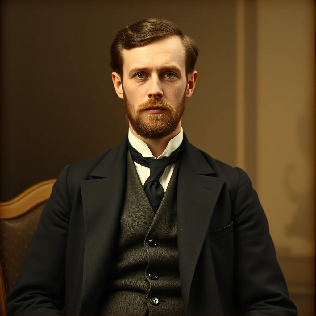 A man with a neatly combed hairstyle and a full beard is dressed in formal attire, including a dark suit, vest, and tie, seated against a warm-toned background.