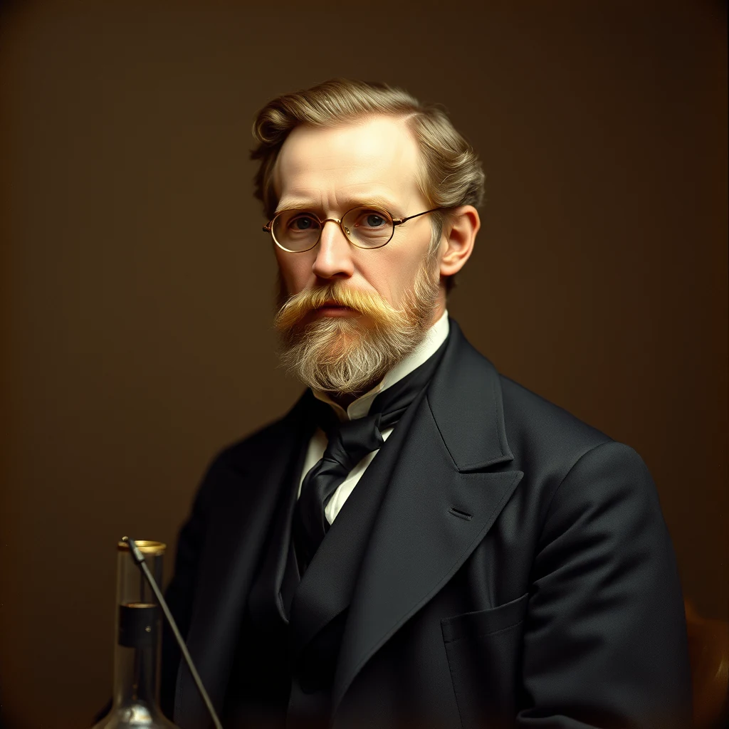 William Crookes, a Victorian English chemist and physicist, is depicted in formal attire with a mustache and glasses, holding a scientific apparatus, likely representing his work on electrical discharges.
