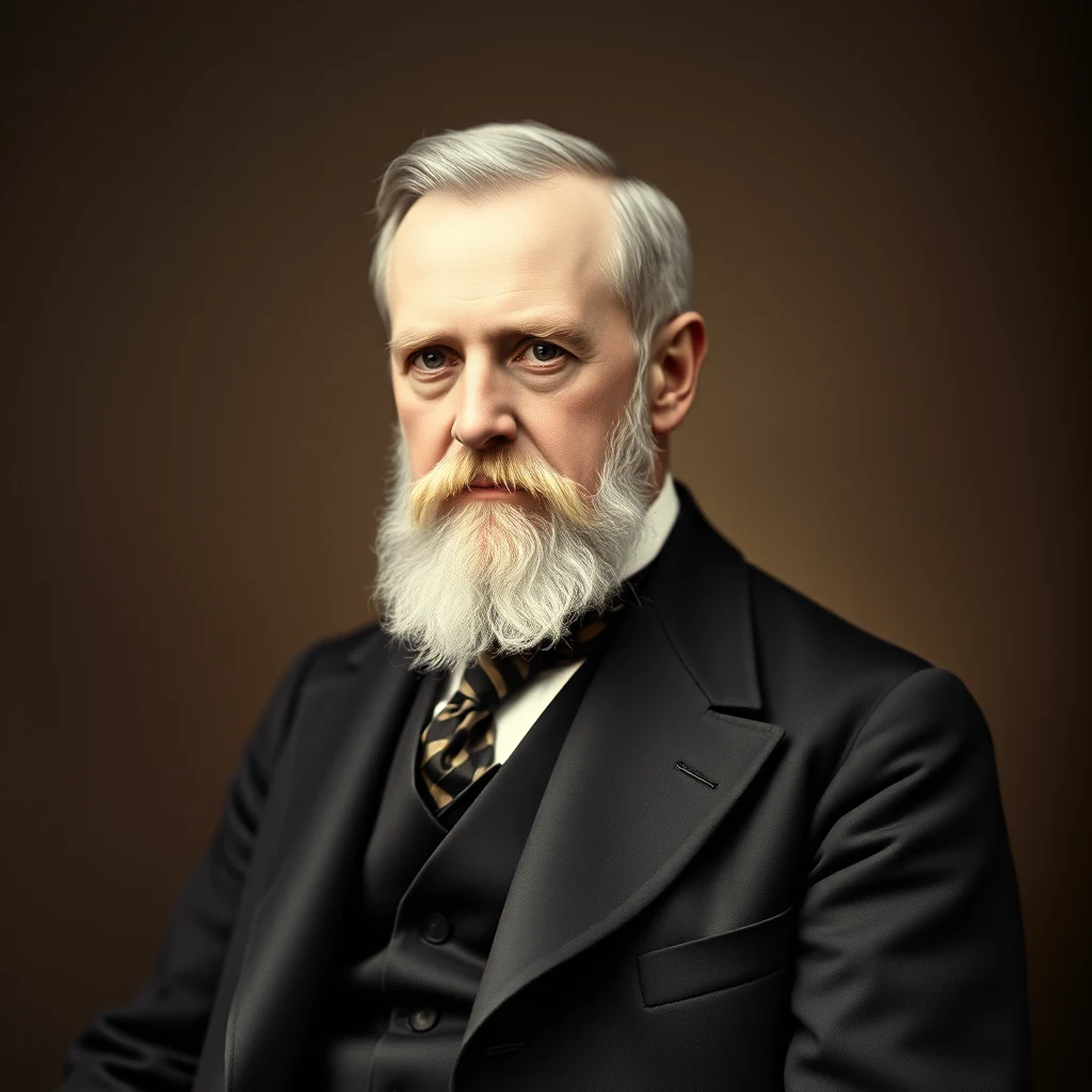 A man with gray hair and a full beard, dressed in a formal black suit with a patterned tie, stands against a dark background.