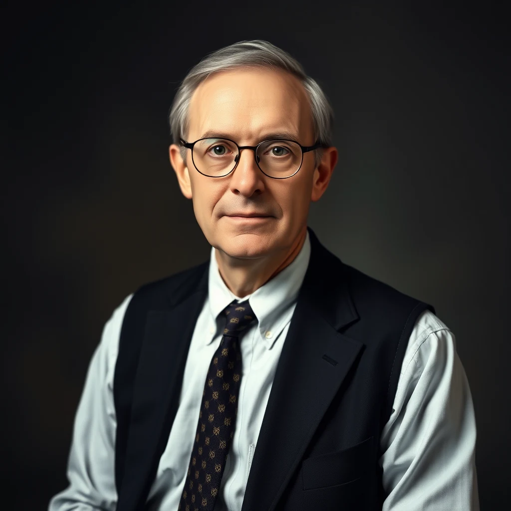 A man with gray hair and glasses wears a dark vest over a light blue shirt and patterned tie, set against a dark background.