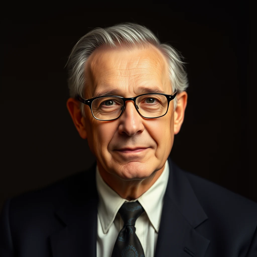 William Gaud, wearing glasses, a dark suit, white shirt, and patterned tie, stands against a dark background.