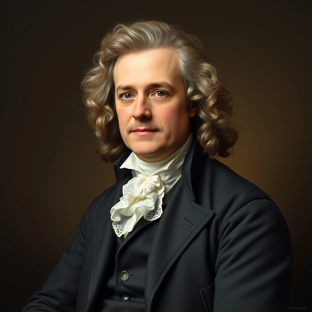 A portrait depicts William Herschel, wearing a dark coat with a white ruffled cravat, set against a dark background.