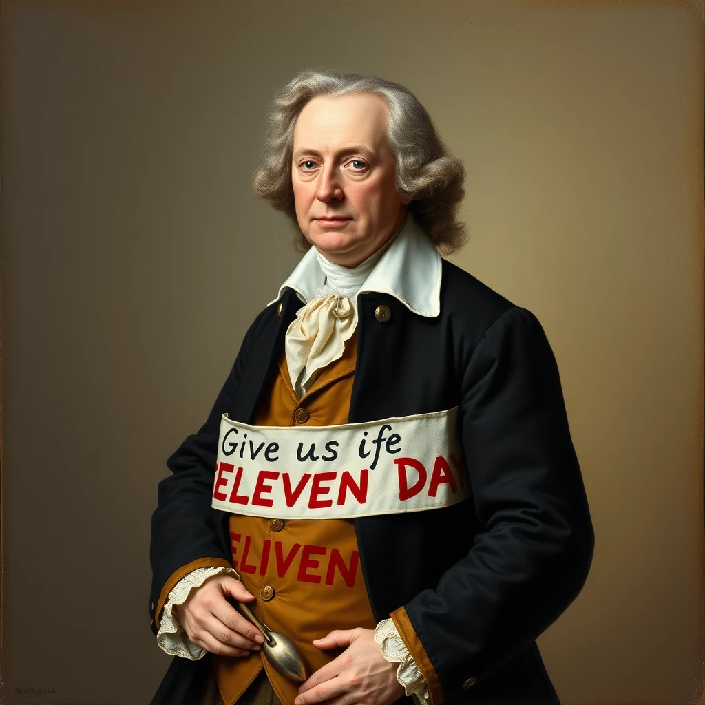 William Hogarth, dressed in period attire, holds a spoon and wears a banner that reads "Give us ife ELEVEN DAY" over his chest.