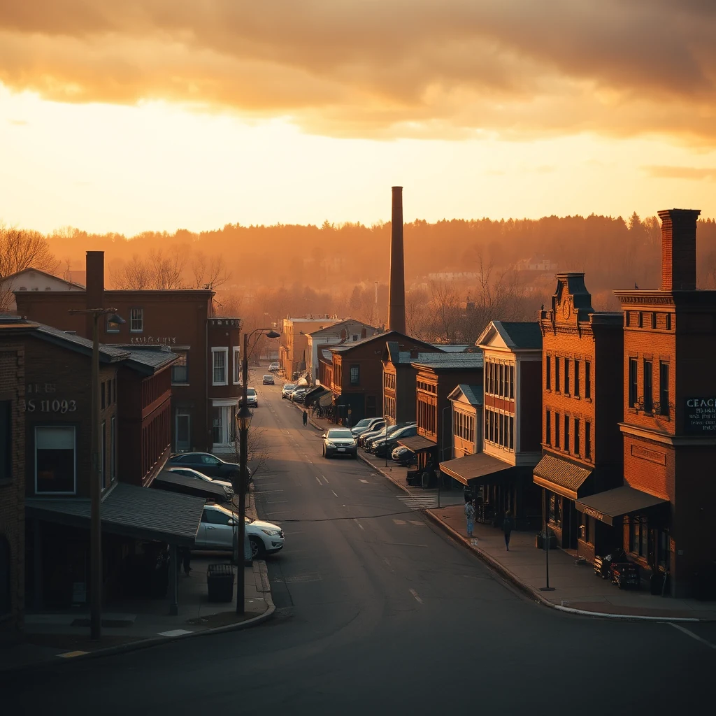 A quaint street in Woburn, Massachusetts, bathed in the warm glow of a setting sun, with historic brick buildings lining both sides and a prominent smokestack rising in the background.