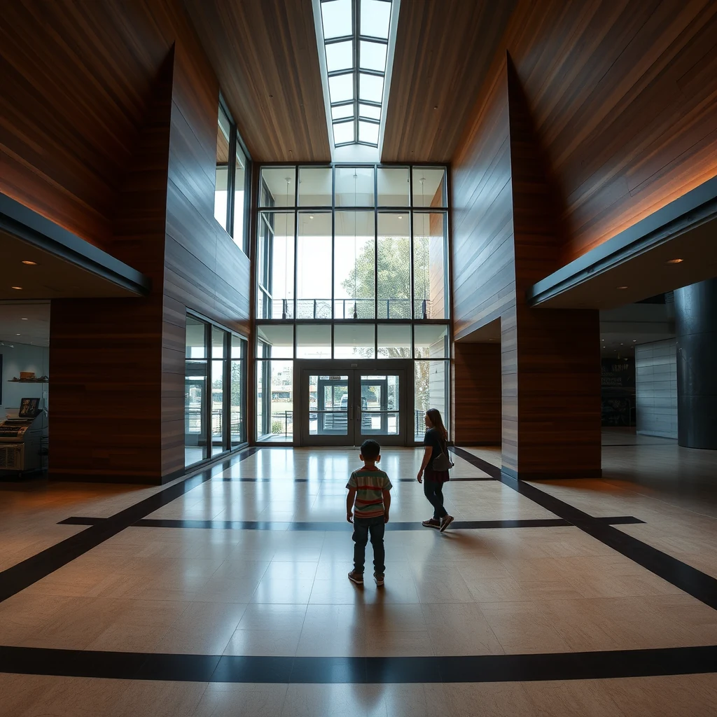 A spacious interior with wooden walls, large glass windows, and a high ceiling features two individuals walking away from the camera towards an open door at the end of the hallway.