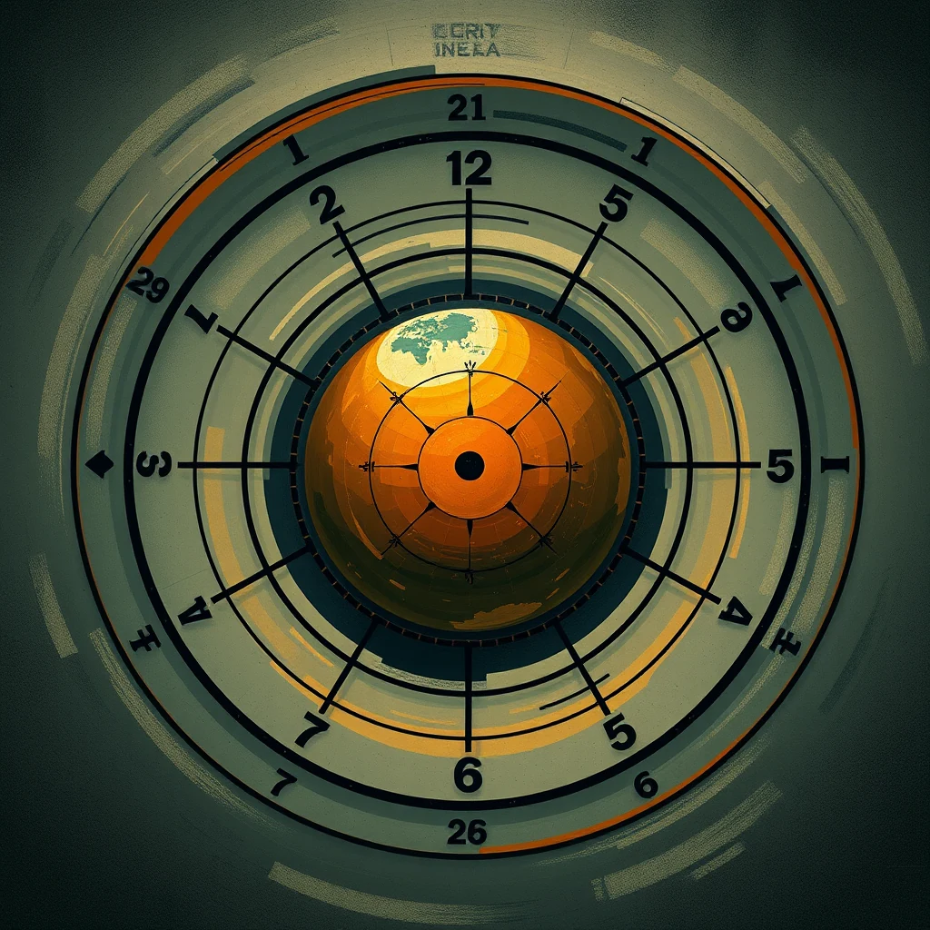 A conceptual illustration of a world calendar featuring concentric circles with numbers and a central globe, symbolizing a proposed reform from the 1930s by Elisabeth Achelis to divide the year into four equal quarters of 91 days each.