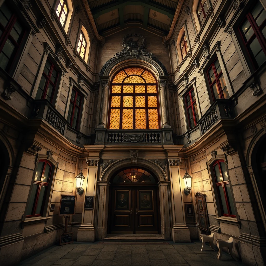 A grand, ornate interior with a large arched window emitting warm light, flanked by red-framed windows and stone walls, leading to a double door adorned with portraits.