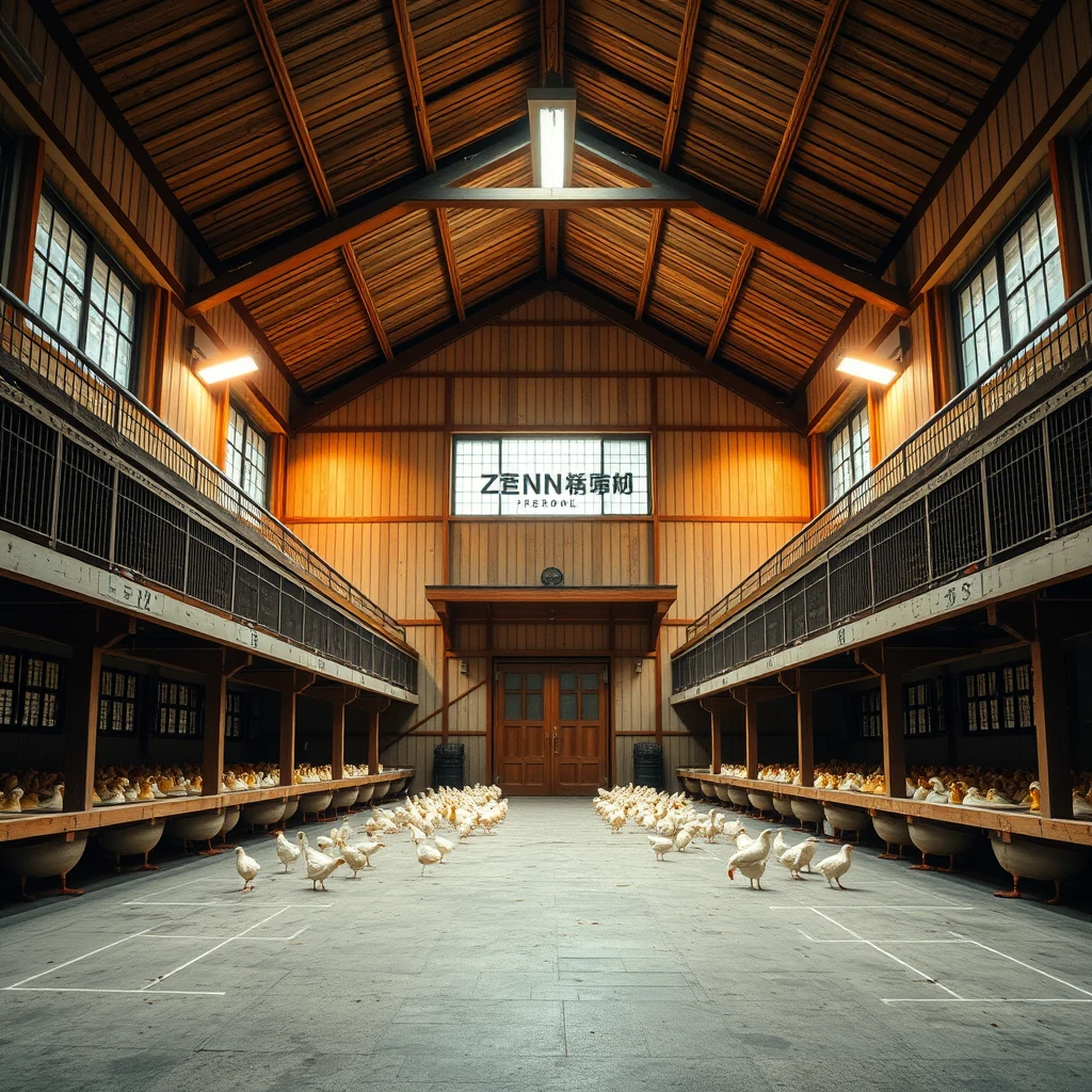 A spacious wooden barn with rows of chickens and ducklings inside, illuminated by warm lighting, serves as the Zen-Nippon Chick Sexing School, founded in 1934 in Nagoya to teach the method of sorting chicks under supervision.
