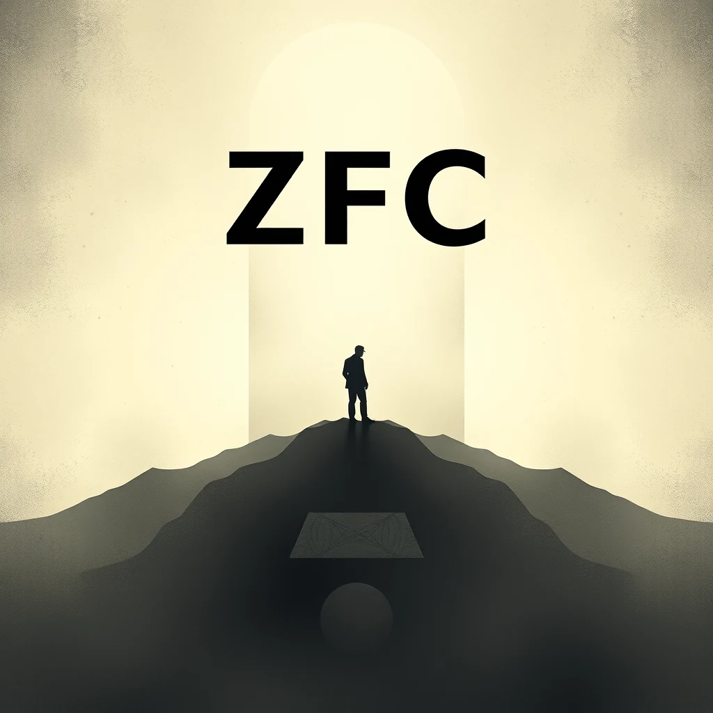 A silhouette of a person stands atop a mountain peak, with the letters "ZFC" prominently displayed above them, symbolizing the Zermelo–Fraenkel set theory with the Axiom of Choice.