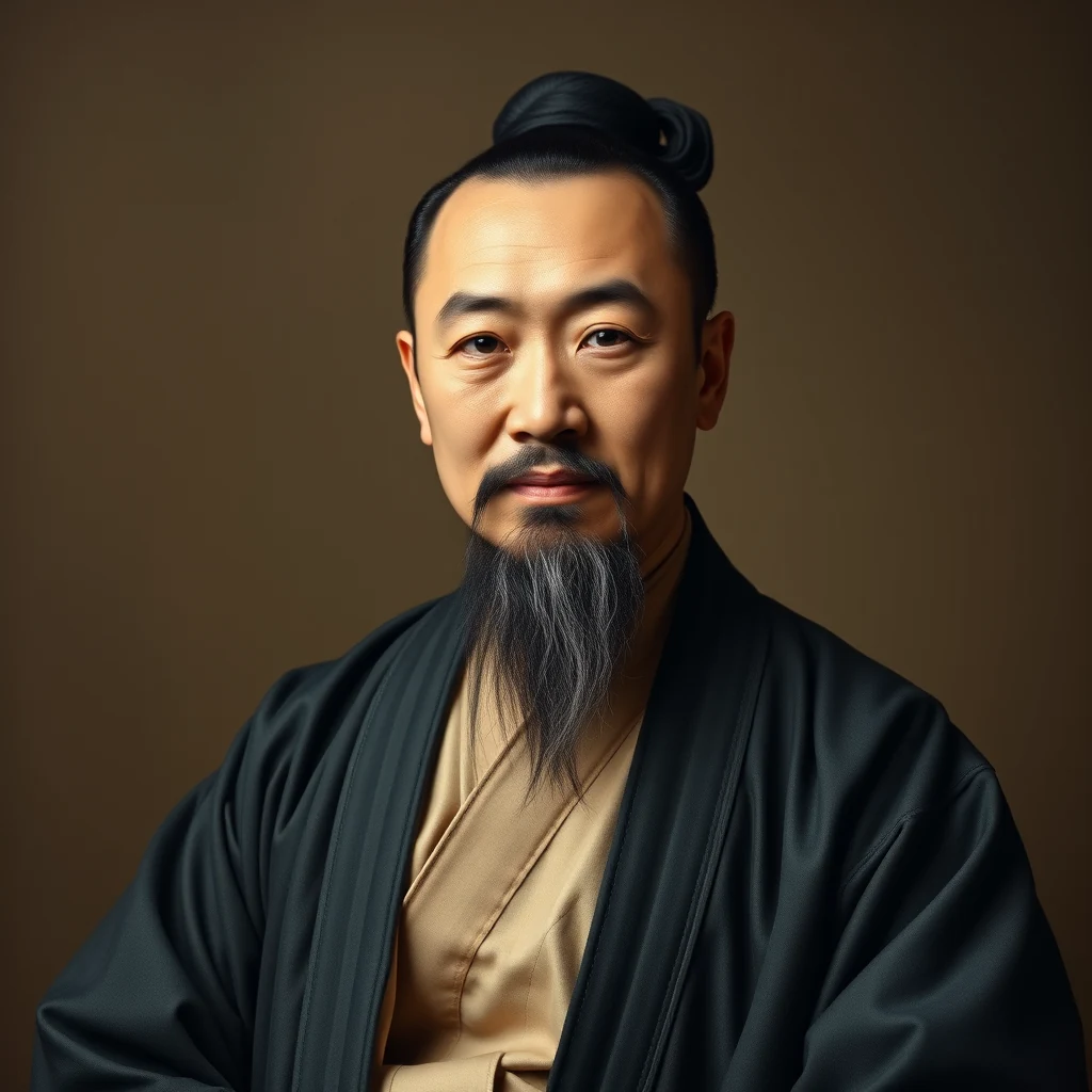 A man with a long black beard and hair tied back in a bun wears traditional Han-dynasty attire, including a dark robe over a light-colored inner garment, against a neutral background.